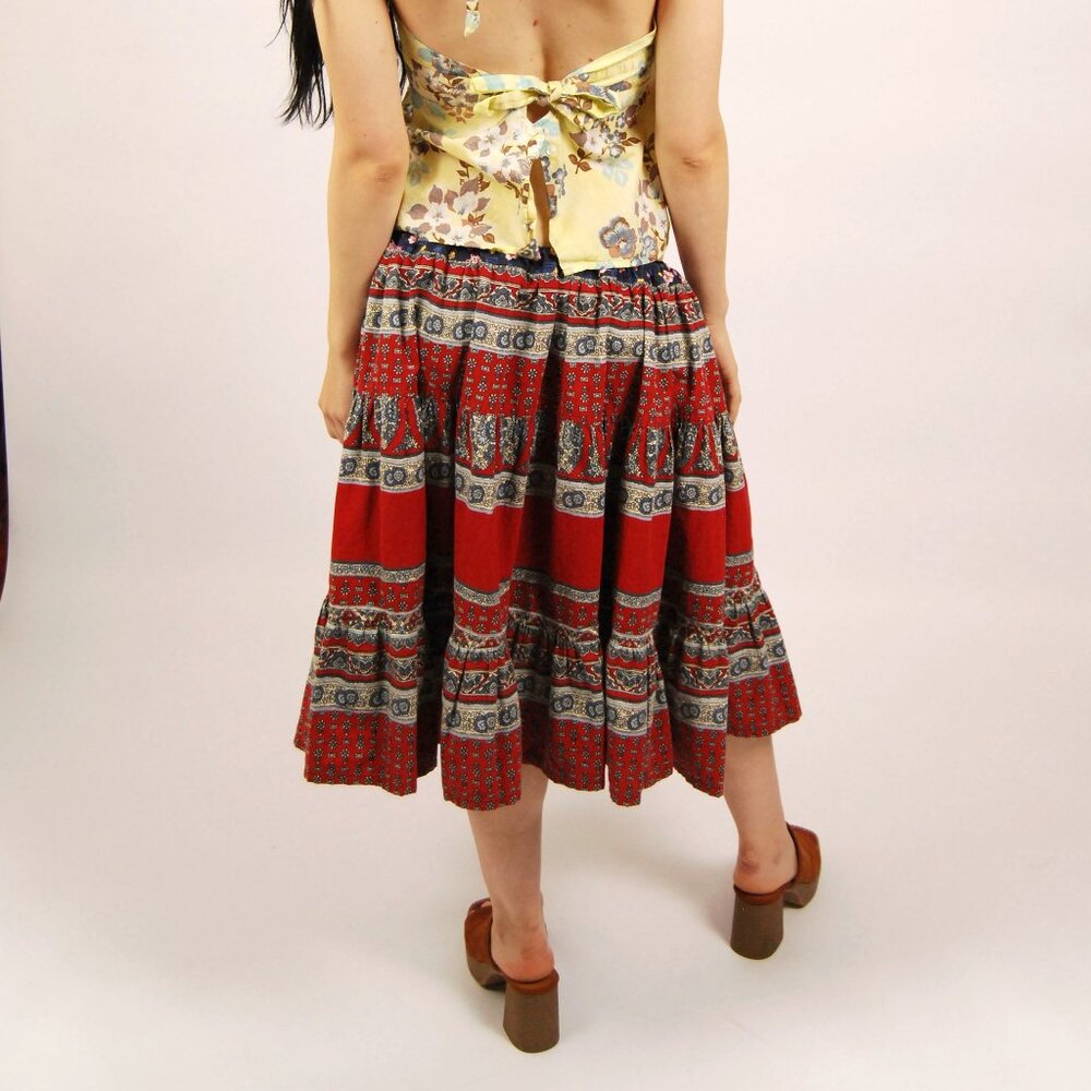70s Peasant Midi Skirt (M) medium red blue vintage floral print boho hippie cute - Picture 3 of 7